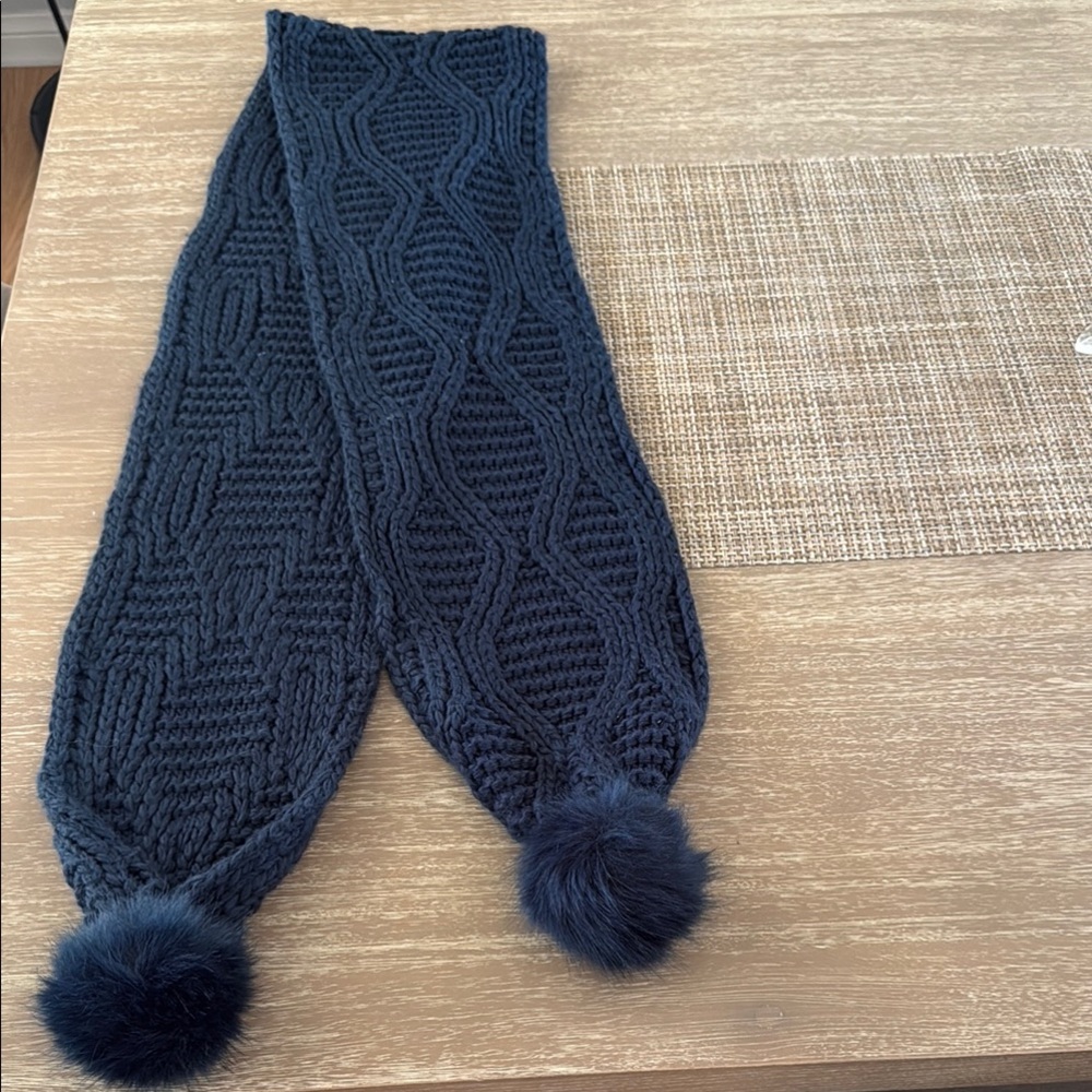 Top Shop Navy Blue Knit Scarf with Pom Poms